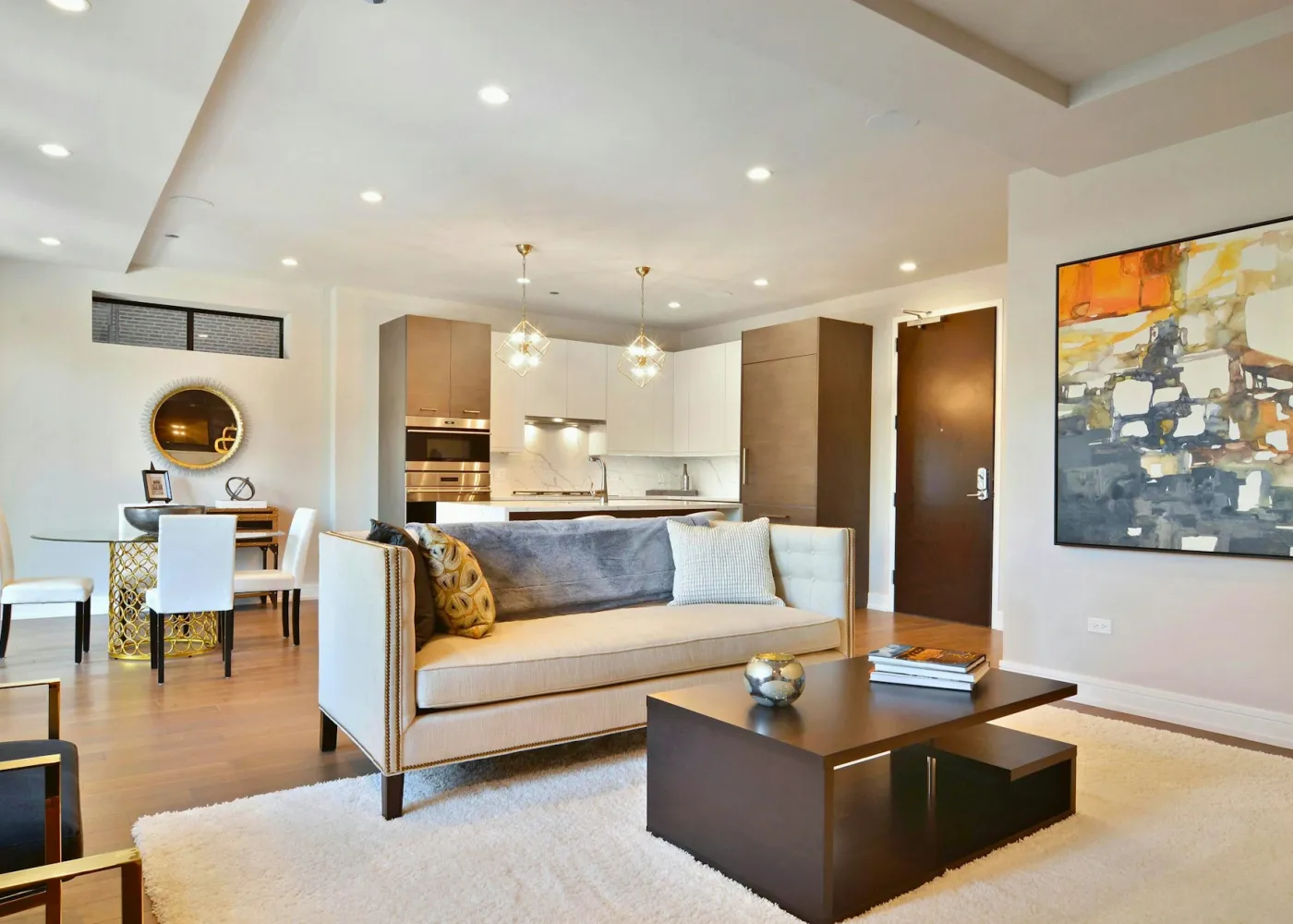 A penthouse living room with city views