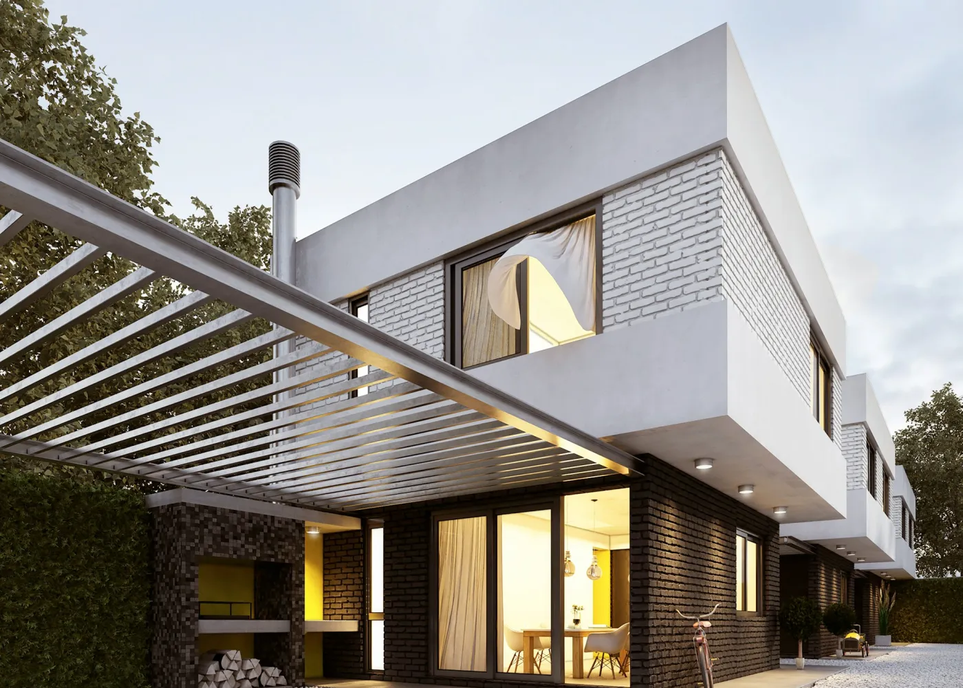 A modern house with a pergola roof